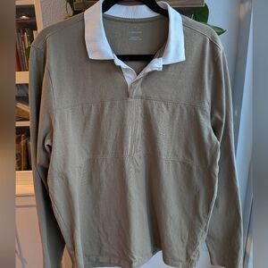 Everlane Organic Cotton Long-Sleeve Rugby Polo - Tan/White - Size M
